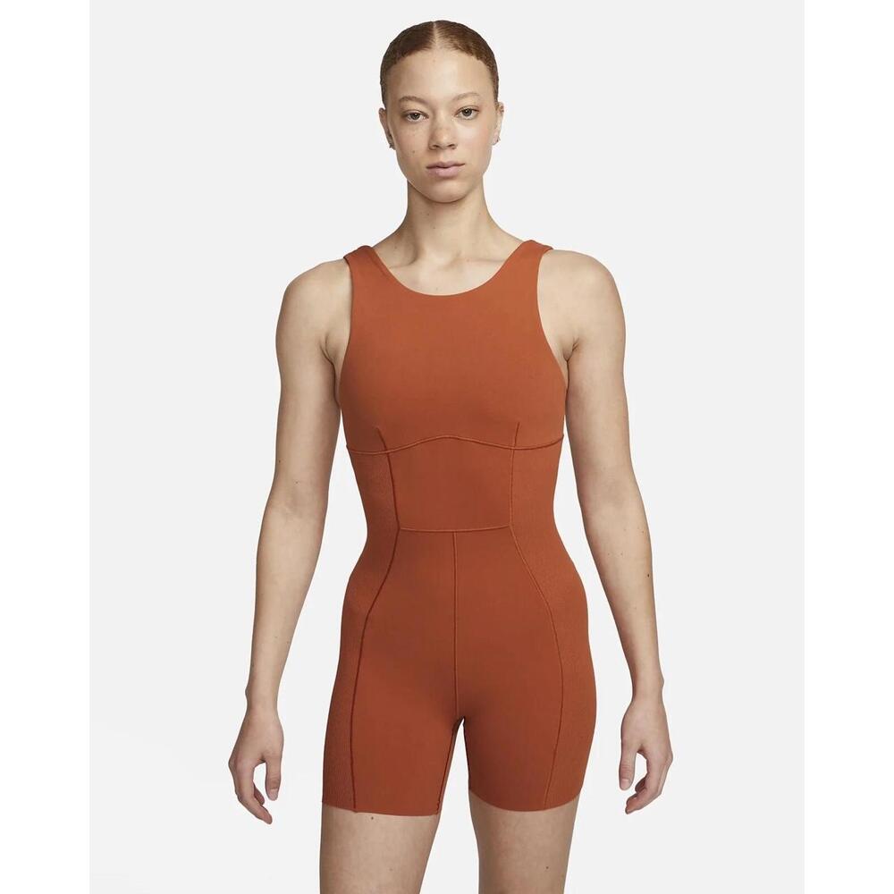 Nike Dri-Fit Yoga Luxe Short Leg Burnt Orange Rust Romper Body Suit Size Medium